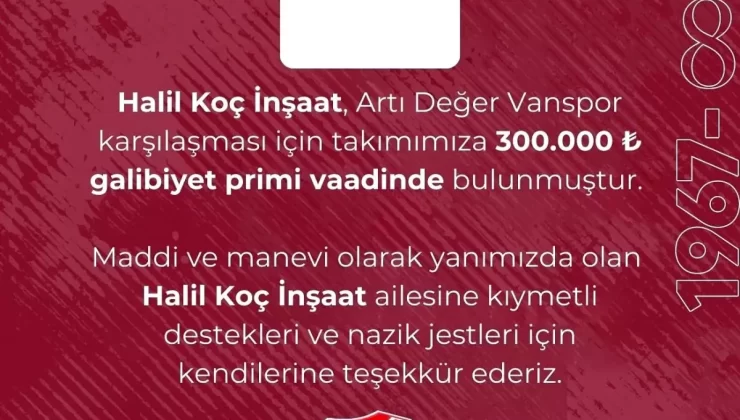 Elazığspor’a 300 Bin Lira Prim Desteği