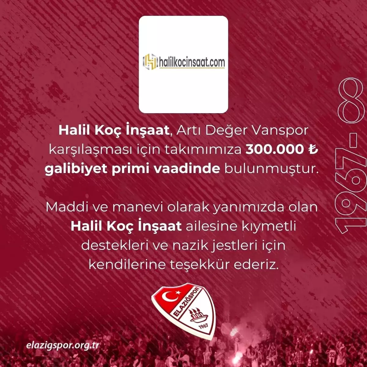 Elazığspor'a 300 Bin Lira Prim Desteği