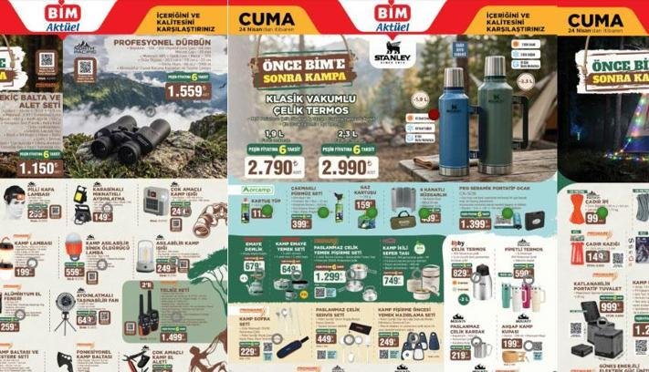YENİ AFİŞ BİM AKTÜEL KATALOG 24 NİSAN CUMA: Yepyeni ürünler Cuma günü satışa çıkıyor! BİM aktüel katalog afişi ürünleri Portatif klima, 6 kişilik çadır, kamp malzemeleri, Stanley termos, katlanabilir kamp masası...