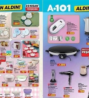 23 NİSAN A101 KATALOĞU | A101 Aldın Aldın 23 Nisan Perşembe aktüel kataloğunda hangi ürünler satışa çıkacak? Porselen Kahvaltı Takımı, Trambolin, Dart Seti, 15 Jant Bisiklet, Cam Temizleme Robotu...
