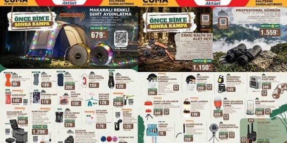 RAFLARDA SATIŞTA! BİM CUMA KATALOĞU (24 NİSAN) BİM 24 Nisan aktüel kataloğunda bu hafta hangi ürünler satışta? Kamp Sandalyesi, Hamak, Şişme Yatak, Eşya Taşıma Kutusu, Uyku Tulumu, Kamp Hasırı, Duş ve Giyinme Kabini...