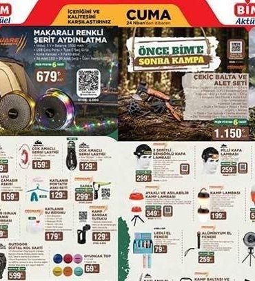 BİM 24 NİSAN 2026 KATALOĞU SATIŞTA! BİM 24 Nisan aktüel kataloğunda bu hafta hangi ürünler satışta? Kamp Sandalyesi, Hamak, Şişme Yatak, Eşya Taşıma Kutusu, Uyku Tulumu, Kamp Hasırı, Duş ve Giyinme Kabini...