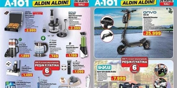 26 MAYIS A101 GÜNCEL AFİŞ YARIN SATIŞA ÇIKIYOR! A101 Aldın Aldın 26 Mayıs Salı aktüel kataloğunda hangi ürünler satışa sunulacak? 5 Programlı Bulaşık Makinesi, Multi Blender Seti, Çay Makinesi, 5 Başlıklı Erkek Bakım Seti, Şarjlı El Süpürgesi...